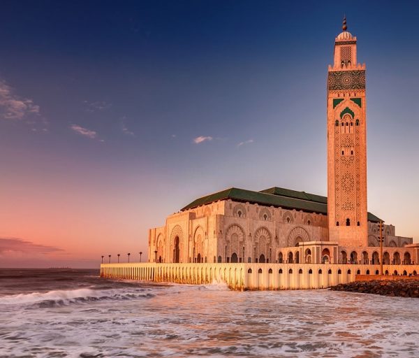 The Hassan II Mosque  largest mosque in Morocco. Shot  after sunset at blue hour in Casablanca.